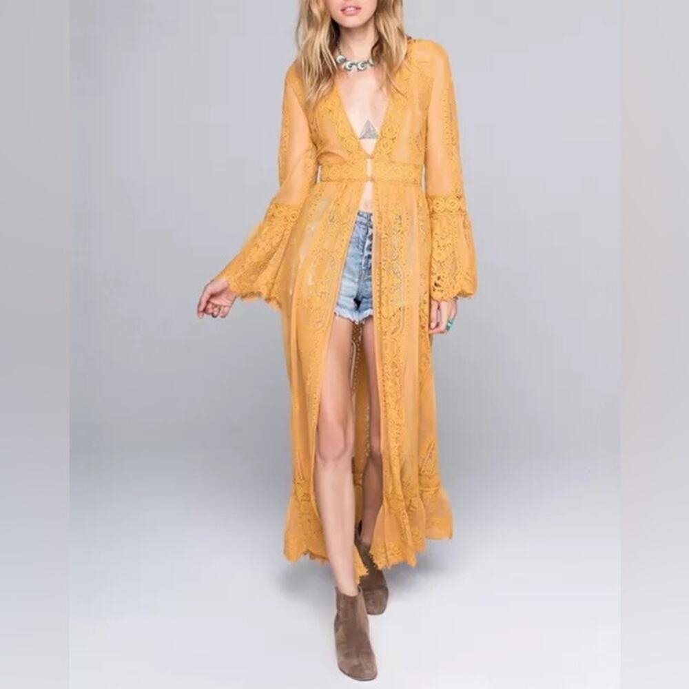 Band of Gypsies NWOT Maxi Duster Lace Crochet Soft Sheer Yellow Mustard Size S